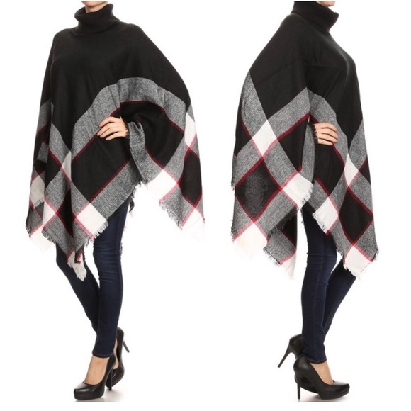 Turtleneck Plaid Poncho - Picture 4 of 7